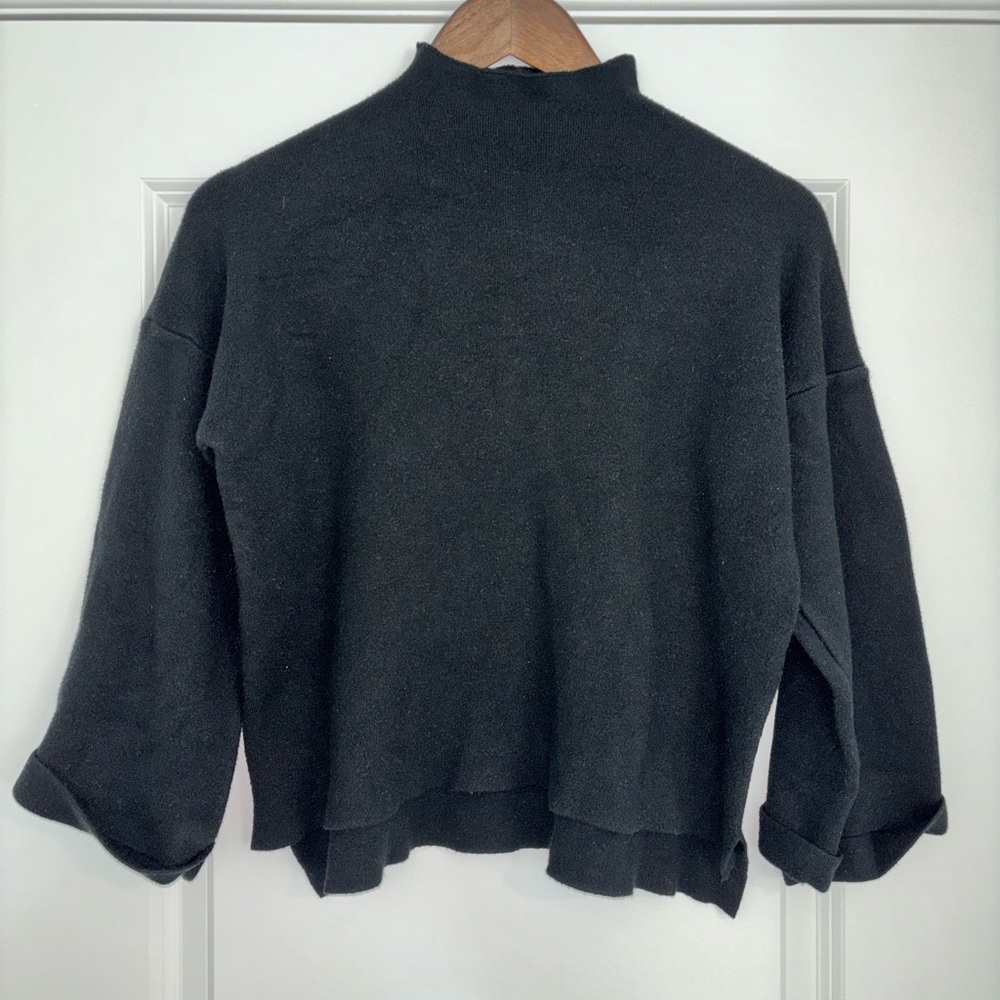 Black Funnel Neck Boxy Top - 3/4
Bracelet Sleeve Split Hem Cropped Knit Pullover